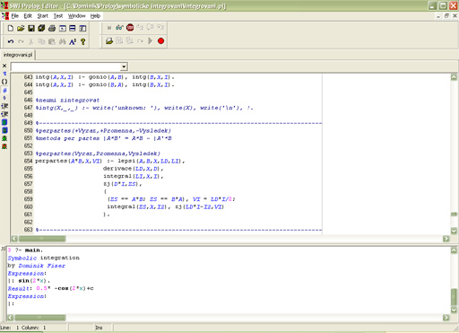 Screenshot SWI-Prolog editoru s načteným Symbolickým integrováním